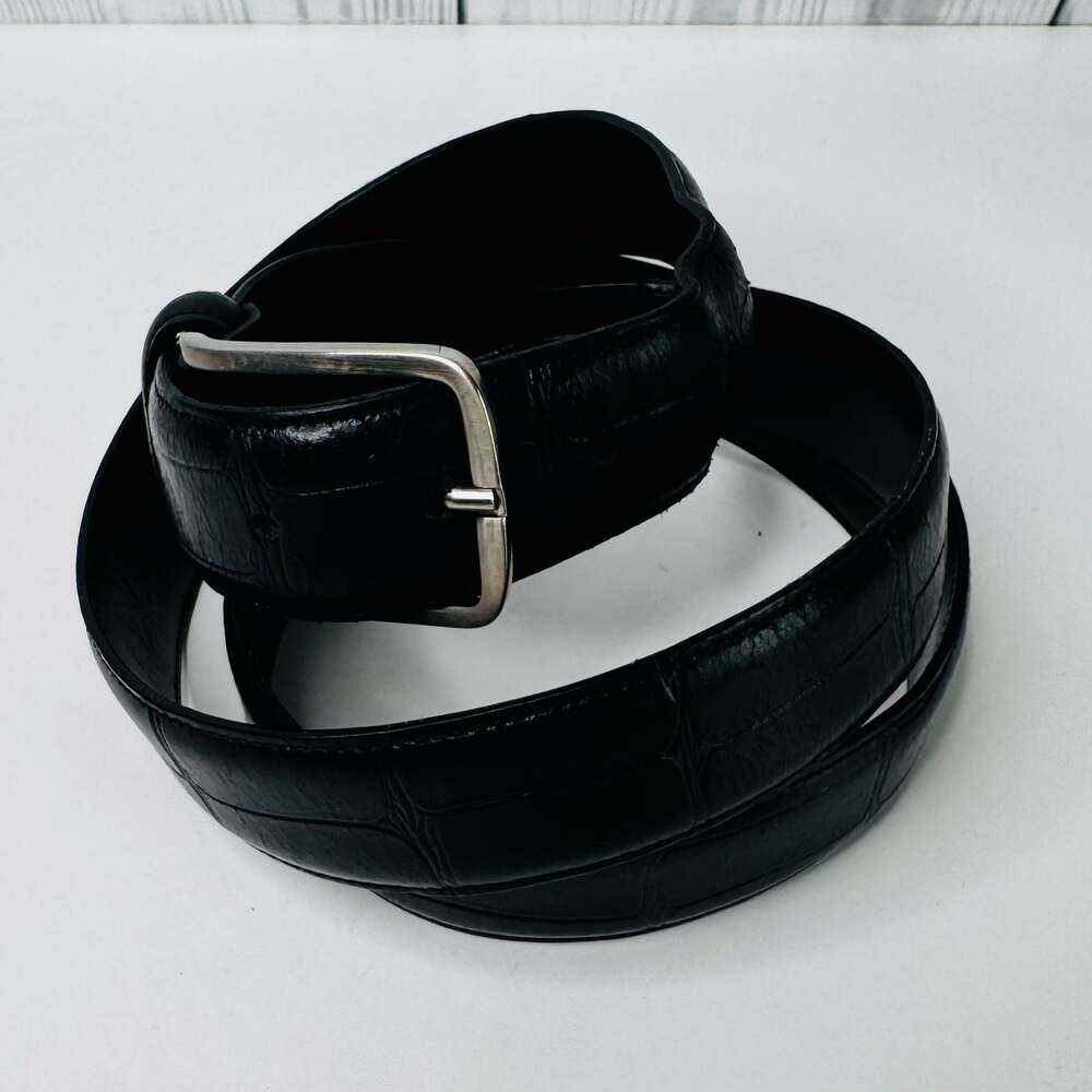 Vera Pelle Italy Black Leather Belt Silver Buckle 44